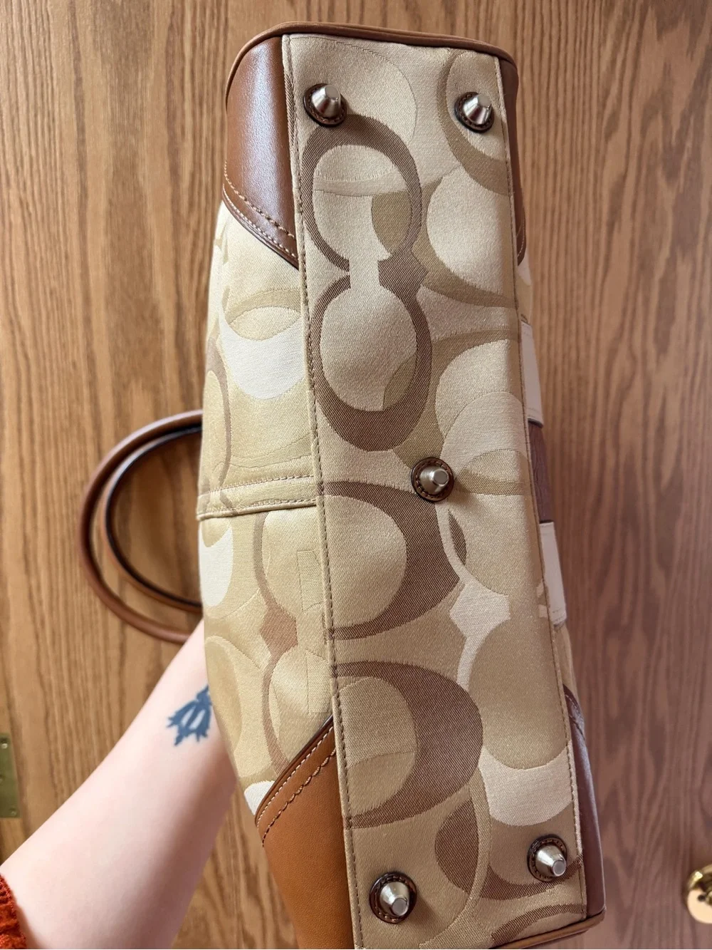 Coach Tan, White and Purple Stripe Satchel with Charm